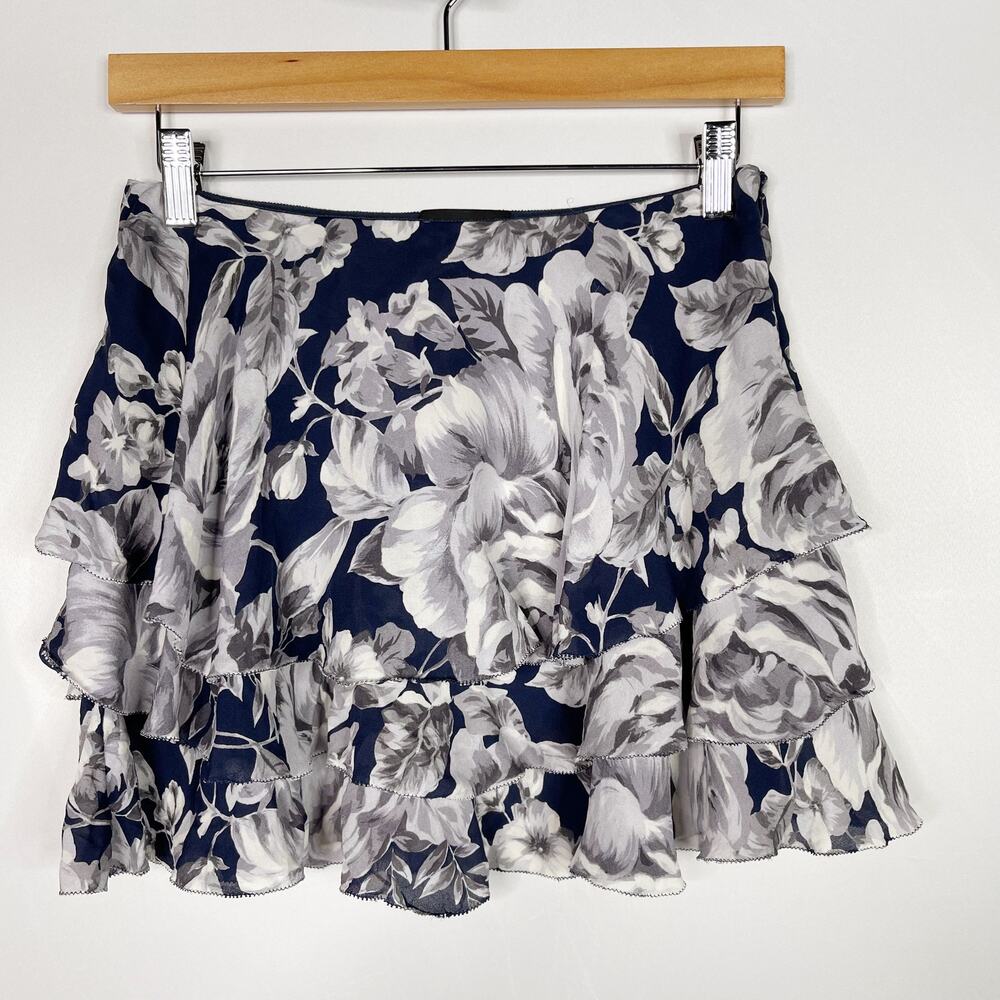 Intermix Size P Navy Blue Gray Floral Tiered Silk Skirt Ruffle Mini Womens XS
